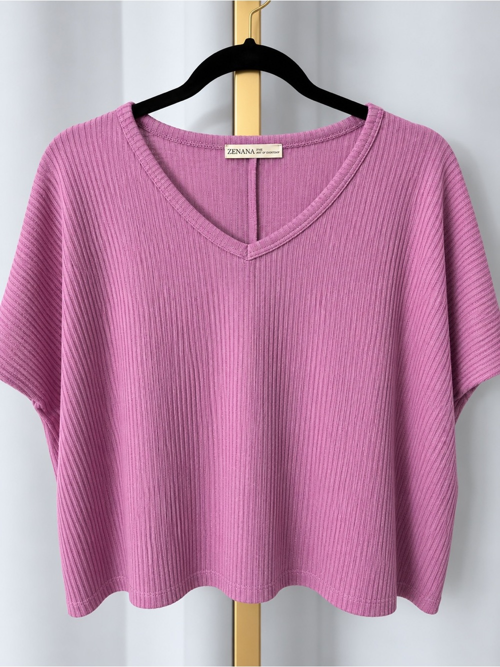 Zenana Outfitters Pink Ribbed V-Neck Boxy Short Sleeve Sweater